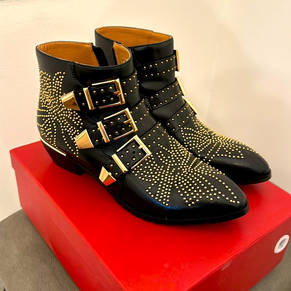 Gold studded black ankle boots